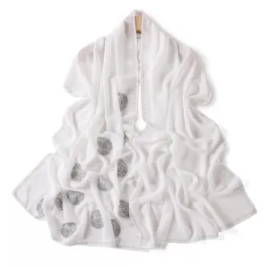 White chiffon scarf with rhinestones, elegant long shawl wrap for women, lightweight.