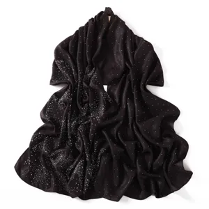 Detail shot of black rhinestone chiffon long scarf, sparkling star design, elegant women shawl.