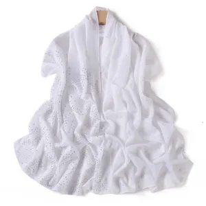 White chiffon rhinestone embellished long scarf, sparkling starry design, elegant shawl.