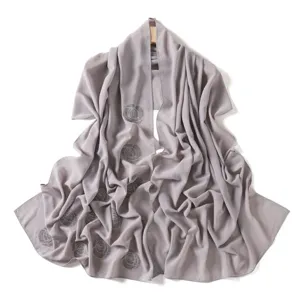 Elegant grey chiffon hijab scarf with sparkling rhinestone details for women fashion wear.