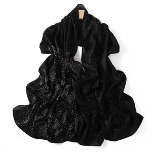 Elegant black rhinestone chiffon scarf detail showcasing shimmering starry night crystal design for women.