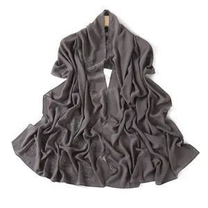 Dark grey chiffon scarf with rhinestone rose patterns and elegant draped design for women.