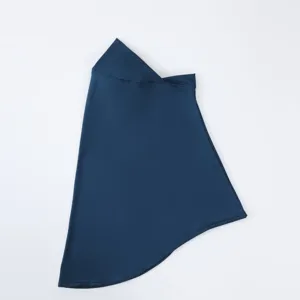 Dark blue milk silk headscarf detail view, smooth fabric and neat edge tailoring.