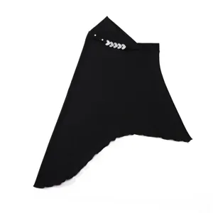 Effen zwarte ijszijde hijab hoofddeksel met sprankelende strass steentjes blad trim voor vrouwen