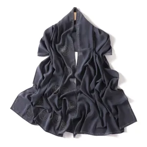 Dark grey chiffon long scarf with hot-fix rhinestones, elegant headwrap for daily wear.