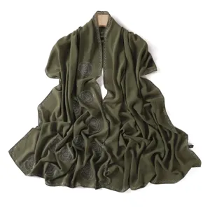 Olive green chiffon rhinestone scarf detail, elegant swirl rhinestone embellished hijab wrap.