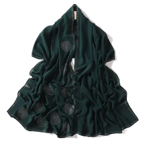 Dark green chiffon hijab scarf with sparkling rhinestones, elegant long shawl for women.