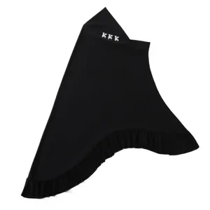 Elegant black crystal linen swallowtail headscarf, ruffled hem, rhinestone cross decor.