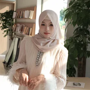 Detailed view of solid chiffon hijab and inner cap set with pleated details and sparkling rhinestones.