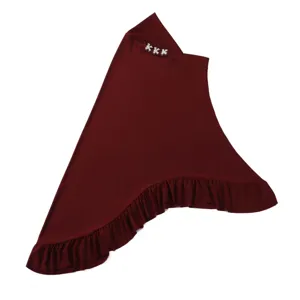 Close-up detail of the maroon crystal hemp swallowtail headscarf with crystal bows and ruffles.