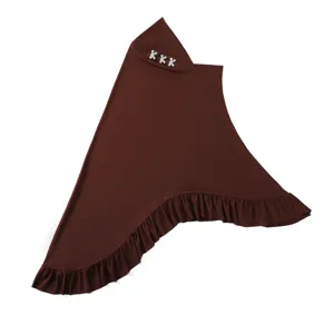 Solid brown Muslim hijab with ruffles and rhinestone bows for elegant daily wear.