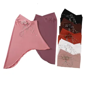 Comfortable solid color pullover headscarf with floral pearl fringe detail in multi colors