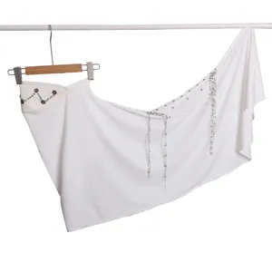 White camellia rhinestone chain head wrap detail, elegant stylish fashion hair scarf accessory.