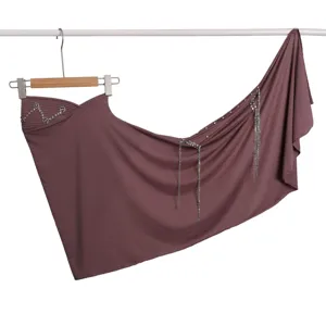 Stylish grey purple hijab scarf with camellia rhinestones and tassel chains for women