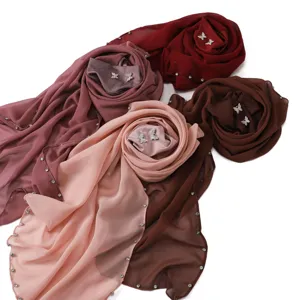Chiffon hijab sjaal met strass rand en vlinder speldjes, elegante dames hoofddoek.
