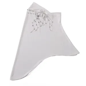 White fashion headscarf detail, featuring delicate star chains, rhinestones and fabric flower accent.
