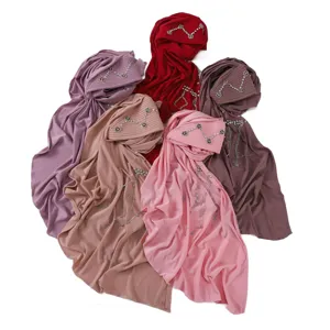 Women Fashion Solid Color Turban Headscarf Camellia Rhinestone Tassel Chain Elegant Muslim Headwear Soft Daily Cap