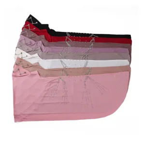 Solid color hijab wrap with rhinestone tassel chains, comfortable soft brim pullover headwear.