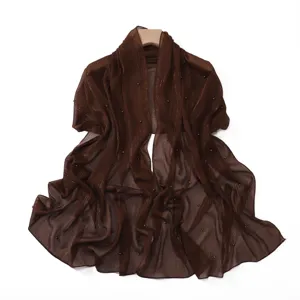 Brown pleated chiffon shawl scarf with metallic threads and pearl beads for women accessories.