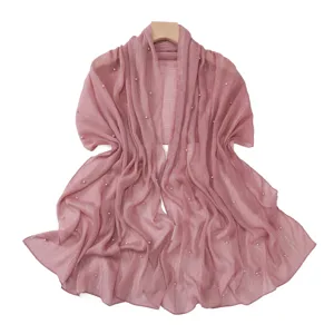Pink pearl beaded metallic pleated chiffon shawl scarf for women elegant beach wrap