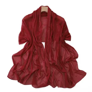 Wine red pearl shimmer chiffon shawl detail, elegant sheer scarf accessory for women.