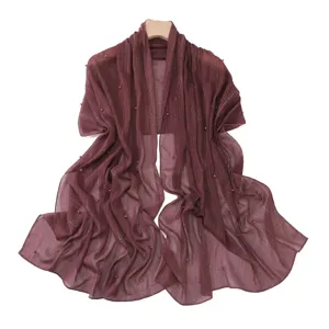 Burgundy pleated chiffon shawl with silver threads and pearl beads elegant women scarf wrap