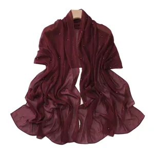Burgundy chiffon shawl with silver threads and pearls, elegant sheer scarf for women.