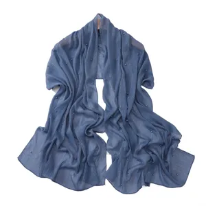 Blue chiffon long scarf with pearl beads and silver threads, elegant women shawl and beach wrap.