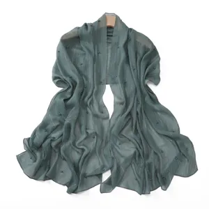 Pearl studded silver wire pleated chiffon long scarf elegant shawl beach wrap accessory for women