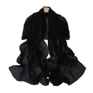 Black pleated chiffon scarf shawl with pearls and silver threads, elegant women's accessory.