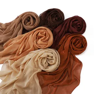 Shimmer pleated chiffon hijab scarf with pearls elegant women long shawl wrap.
