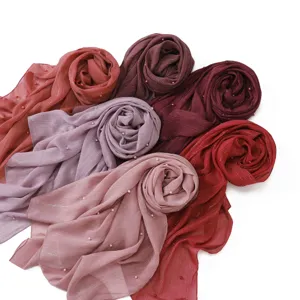 Solid color chiffon long scarf with silver threads and pearl studs, elegant women shawl and hijab.