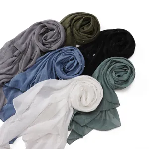 Solid color pleated chiffon long hijab scarf with pearls and silver thread for women fashion.