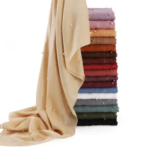 Pleated chiffon hijab scarf with pearls and silver threads, elegant long shawl for women.