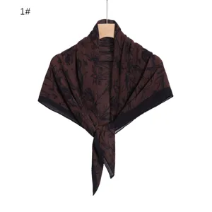 Retro rose print pleated chiffon square scarf, elegant brown sun protection shawl, chic accessory.