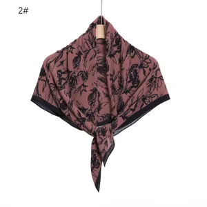 Vintage rose print pleated chiffon square scarf sun protection shawl elegant neckerchief