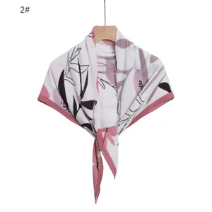 Pleated chiffon square scarf with abstract floral doodle print, stylish women's head wrap.