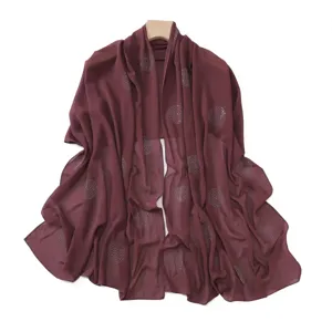 Burgundy chiffon scarf detail, rhinestone polka dots, elegant women shawl hijab accessory.