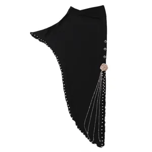 Elegant black Muslim hijab with pearl trim, rhinestone accent and vintage rose chain detail.
