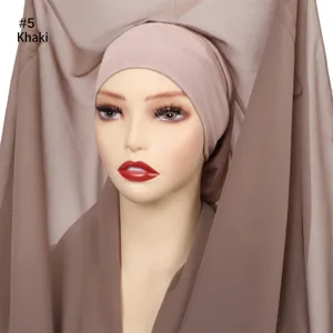 Solid color pearl chiffon long scarf and matching inner cap set in elegant khaki shade.