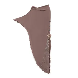 Elegant dry rose Muslim hijab for women, crystal linen fabric, pearl trim and floral tassels.