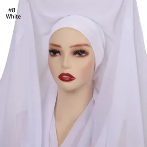 Solid white chiffon hijab and inner cap set, elegant Muslim headscarf variant 8 white.