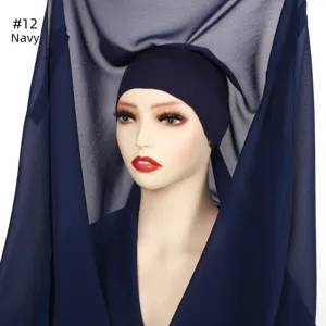 Navy chiffon hijab and inner cap set, elegant Muslim headscarf for women everyday wear.