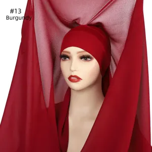 Burgundy solid color pearl chiffon long scarf with matching inner cap and magnetic buckle set.