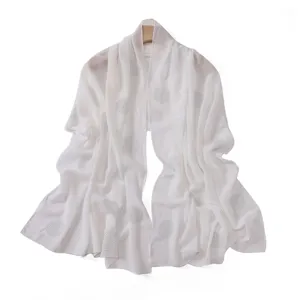Detailed view of a white chiffon long scarf featuring elegant rhinestone polka dots.
