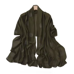 Elegant olive green chiffon shawl with sparkling rhinestone dot patterns, versatile style.
