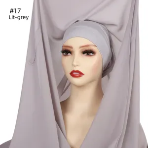 Solid color pearl chiffon long scarf detail view, elegant light grey hijab set style.