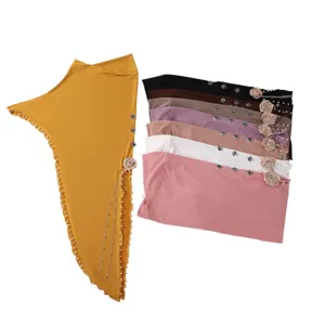 Solid color crystal hemp turban hijab with pearls and rose flower, elegant women head wrap.