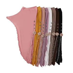Women crystal linen hijab bonnet with floral pearl rhinestone tassels elegant Muslim head cover