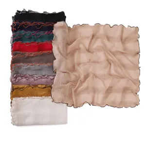 Elegant pleated small square scarf with lettuce edge, versatile solid color shawl for women.